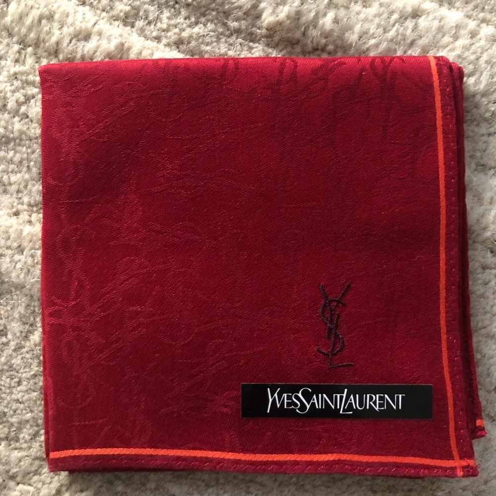 New Yves Saint Laurent Bandana Handkerchief Scarf YSL Logo All Over Red